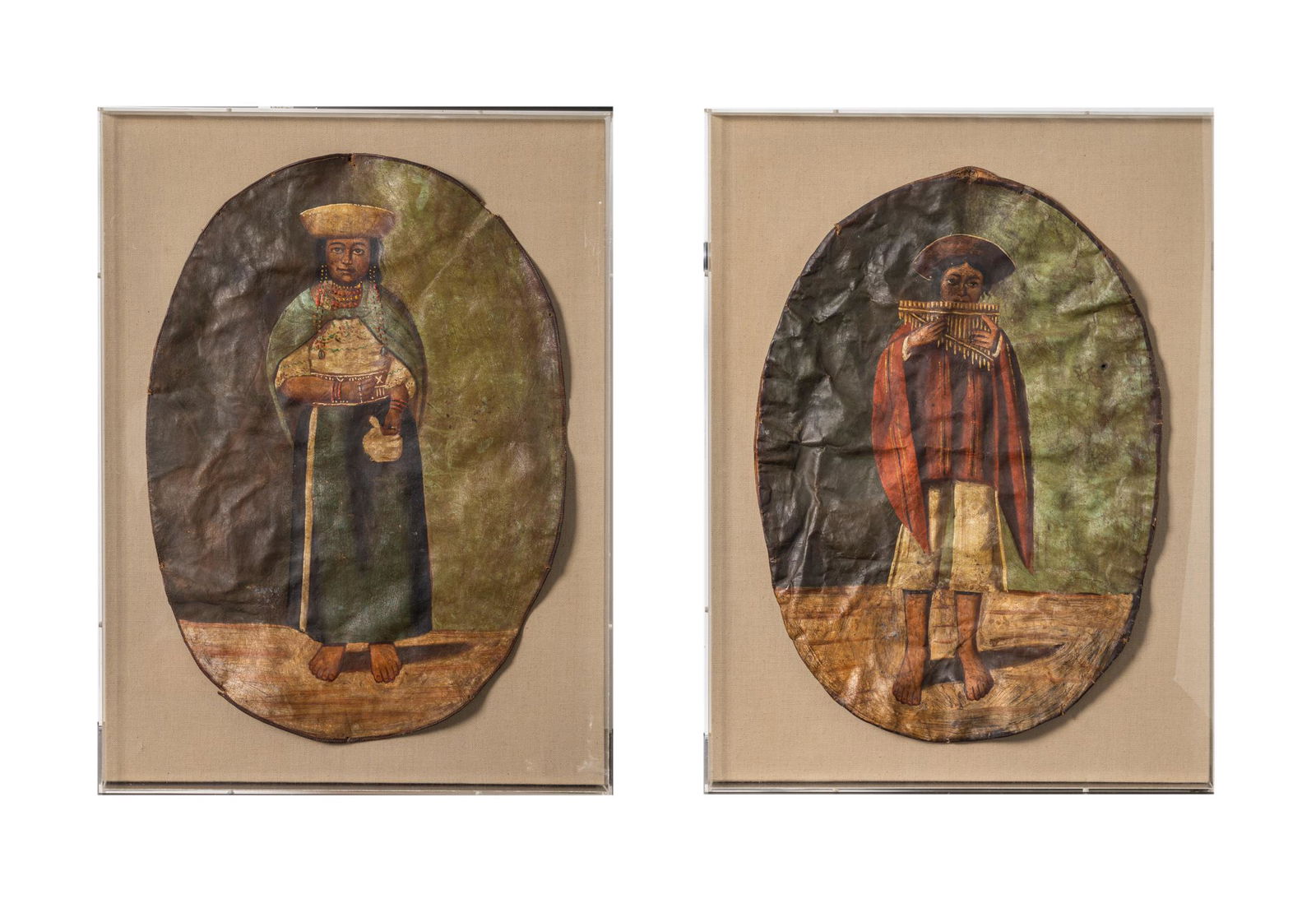 Pair Peruvian School Oil Painting on Leather (1 of 15)