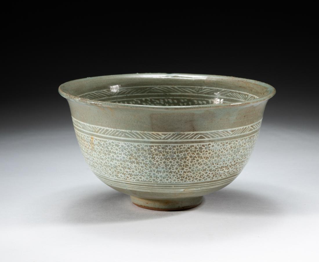 Korean Old Buncheong Porcelain/Pottery Bowl: The deep sides rising from a slightly tapered foot to a gently everted rim, the interior central painted with a blossom floral (Inhwa) surrounded by similarly decorated, the exterior surmounted by fol