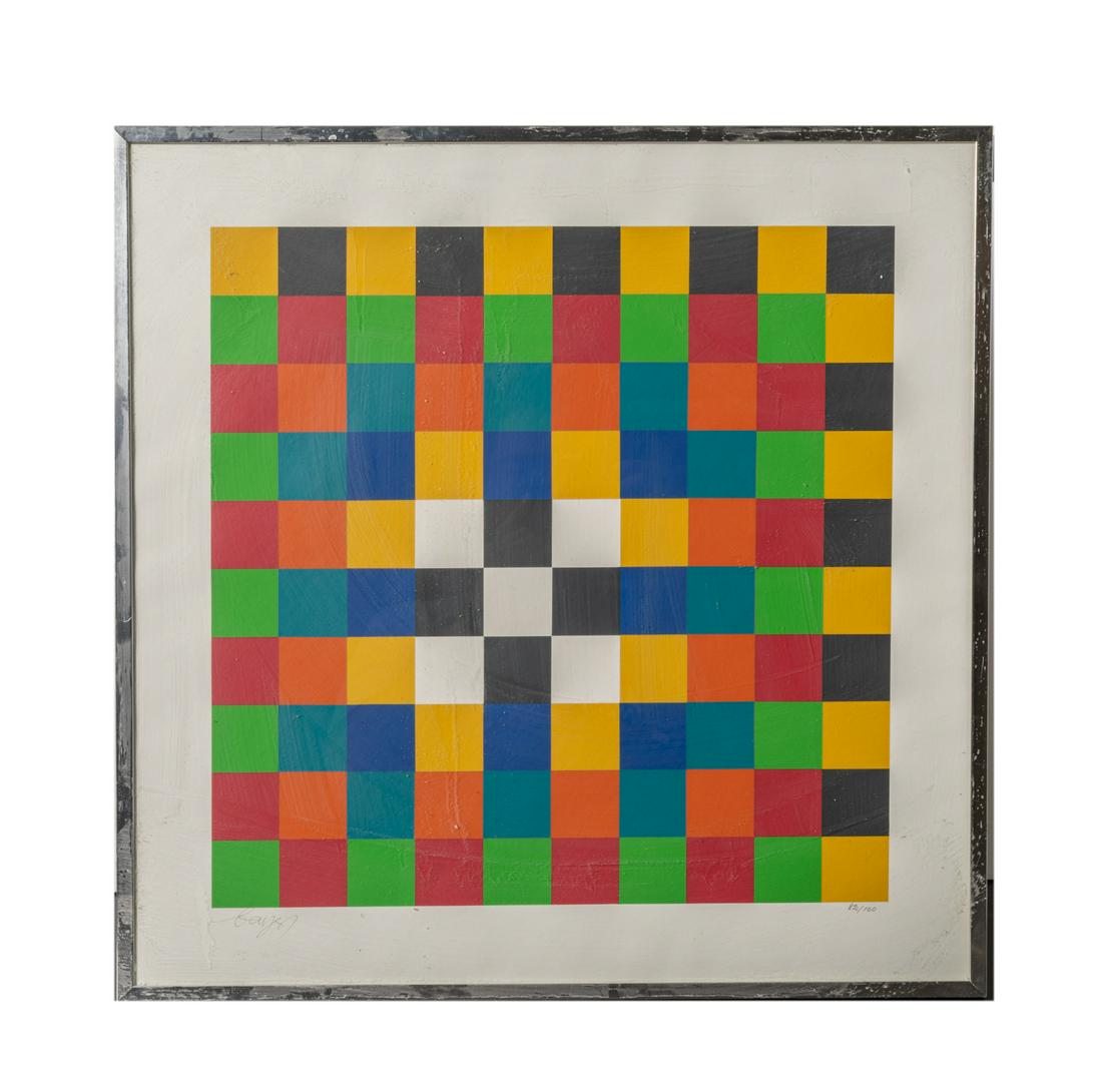 Designed Modern Checkered Lithograph: Designed modern checkered lithograph, composed of squares in different colors, with metal frame. 20*20inch.