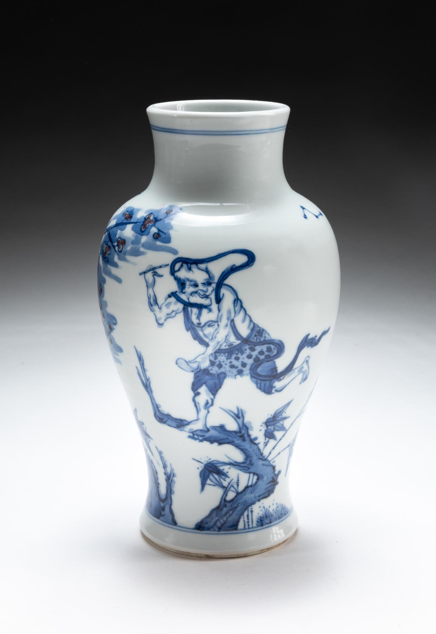 Chinese Blue White Red Porcelain Vase: The exterior body painted in blue tone with the figure Kuixing, god of examinations and literary success, amongst plants and flowers, holding a writing brush in his right hand, the glaze stop at the b
