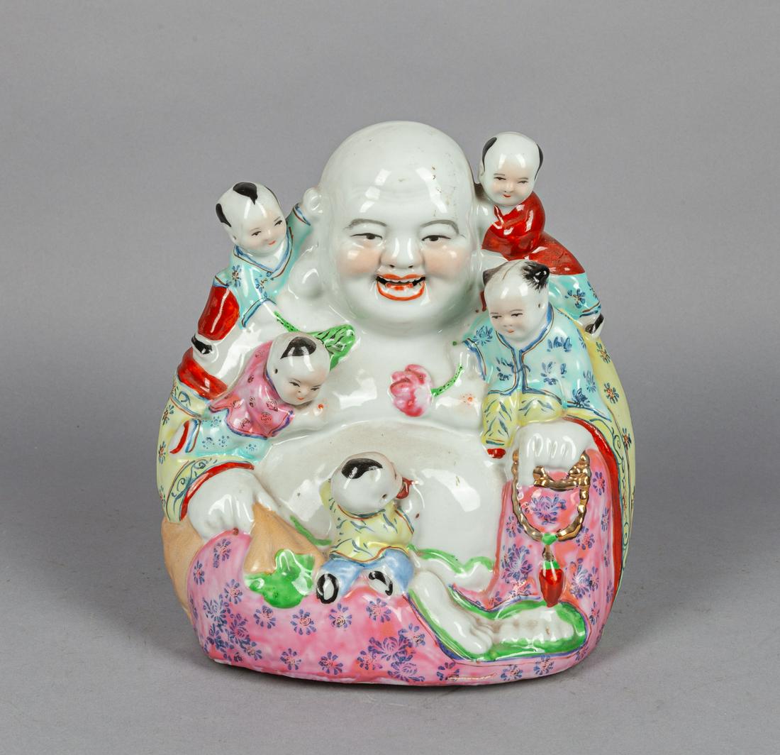 Chinese Export Famille Rose Porcelain Buddha: Chinese famille rose porcelain smiling buddha, with five kids on it, left hand holding prayer beads. 9.5*9.5*4.2inch.