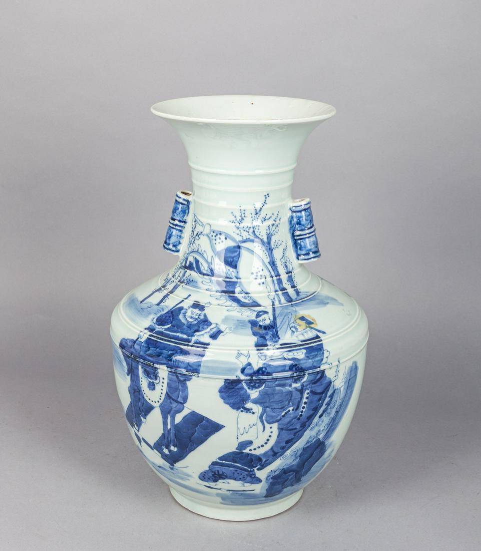 Chinese Export Blue White Decorated Porcelain Vase: A baluster body rising to a waisted neck and spreading rim, the body painted of Chinese characters and a fighting scene with figures riding on horses and holding weapons, sides with tubular handles. 1