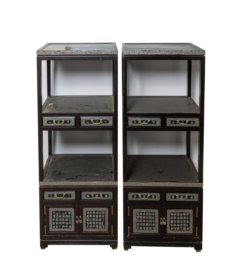 Paris Korean Old Lacquer-wood Cabinets Inlaid Pearl: A pair of Korean lacquer wood cabinets, inlaid with pearl. 18*14*46.5inch.