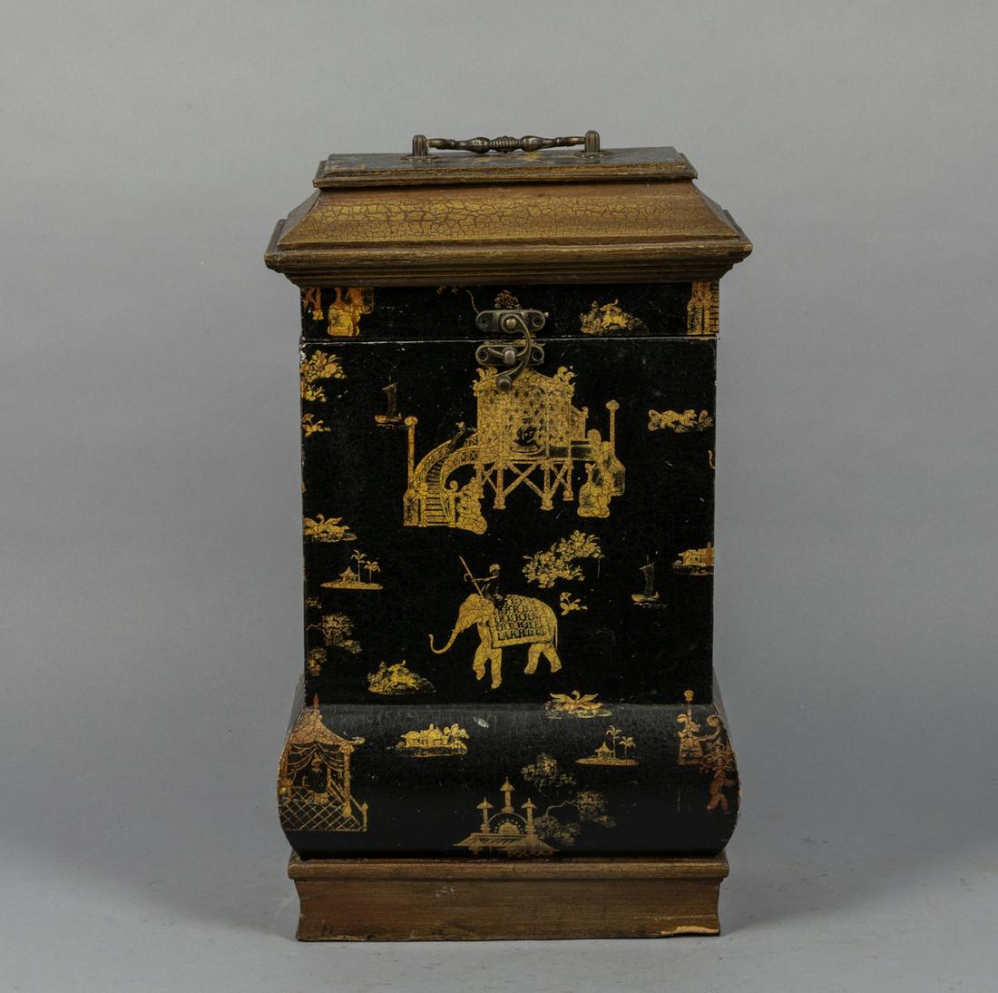 Chinese Export Lacquer Wine Box: Painted with figures, elephants, flowers and pavilions, with a handle on top. 17*10*6inch.