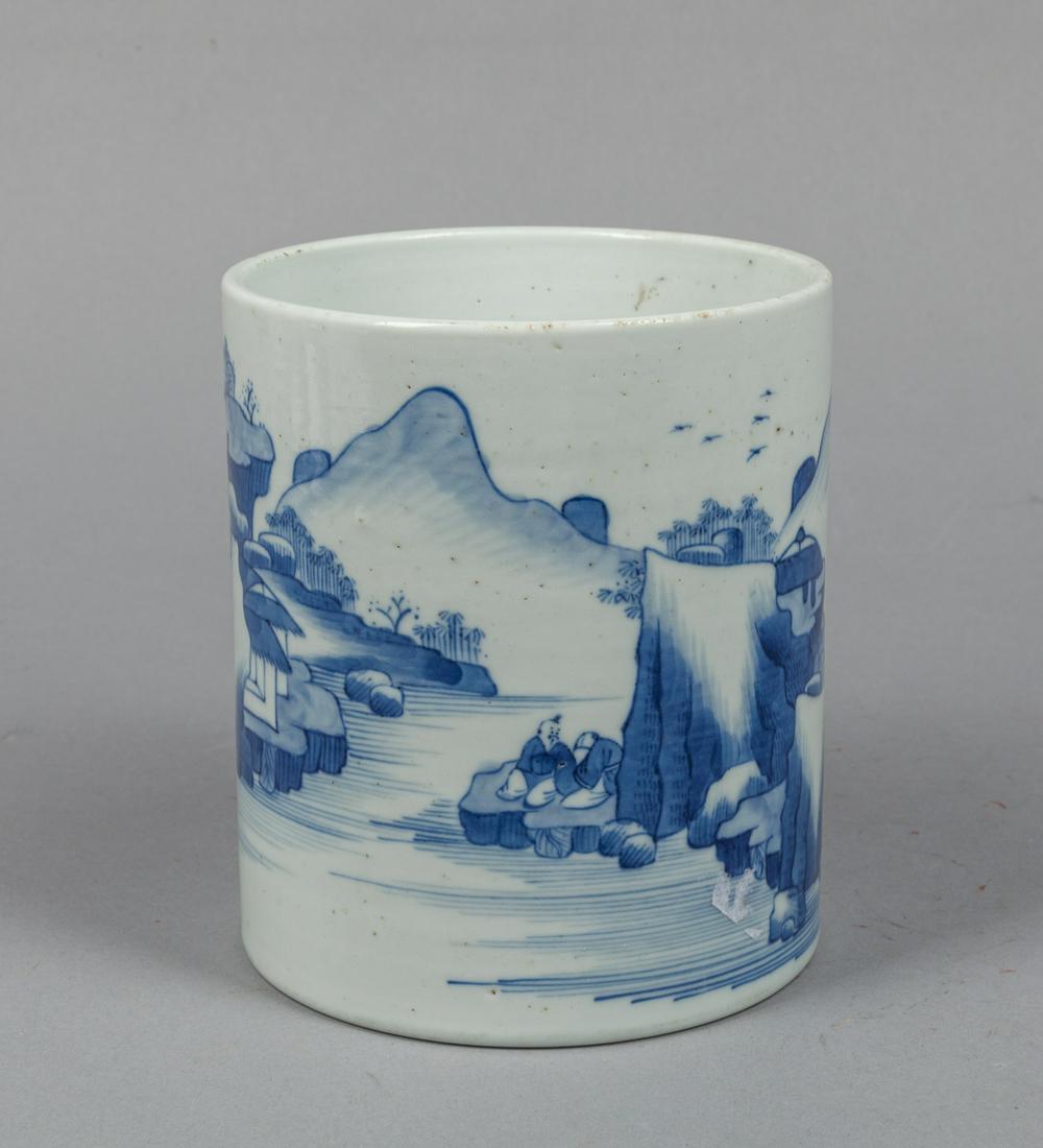Chinese Blue & White Porcelain Brush Pot: Of cylindrical form, the exterior painted with a continuous landscape scene with figures. 5.3*4.6inch.