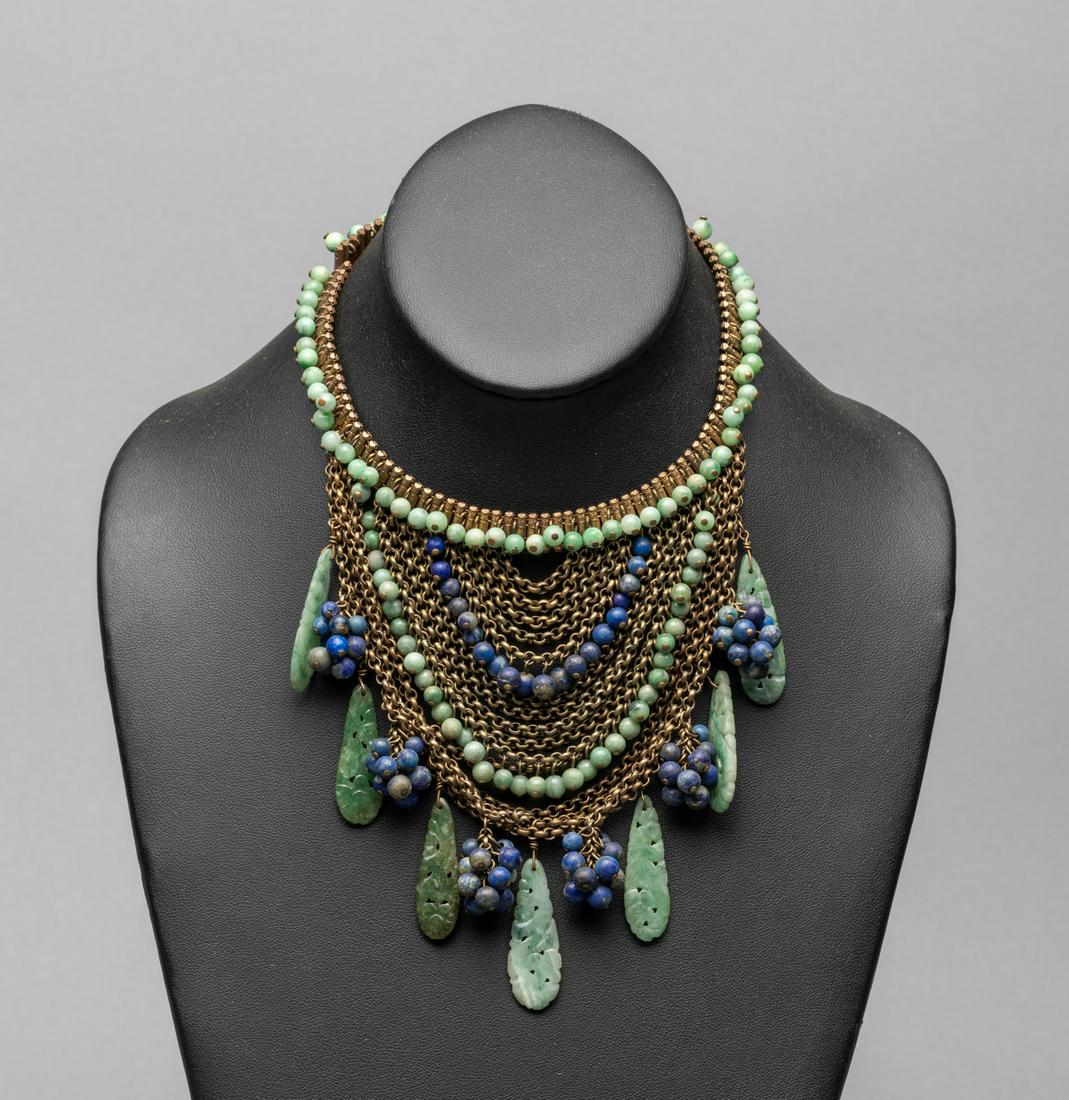 Chinese Lapis & Jade Jadeite Necklace: Designed brass necklace with green jade jadeite and lapis beads, and drop-shape jade jadeite pendants carved with flowers. 12.2inch.