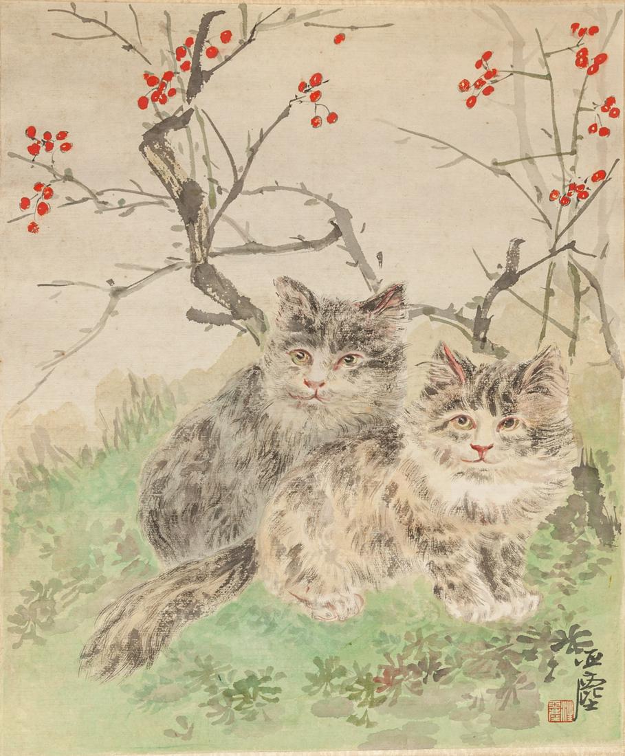 Chinese Water Color Painting of Cats: Chinese water color painting, ink and color on paper, depicting a pair of cats near a tree. 17*13inch (painting only).