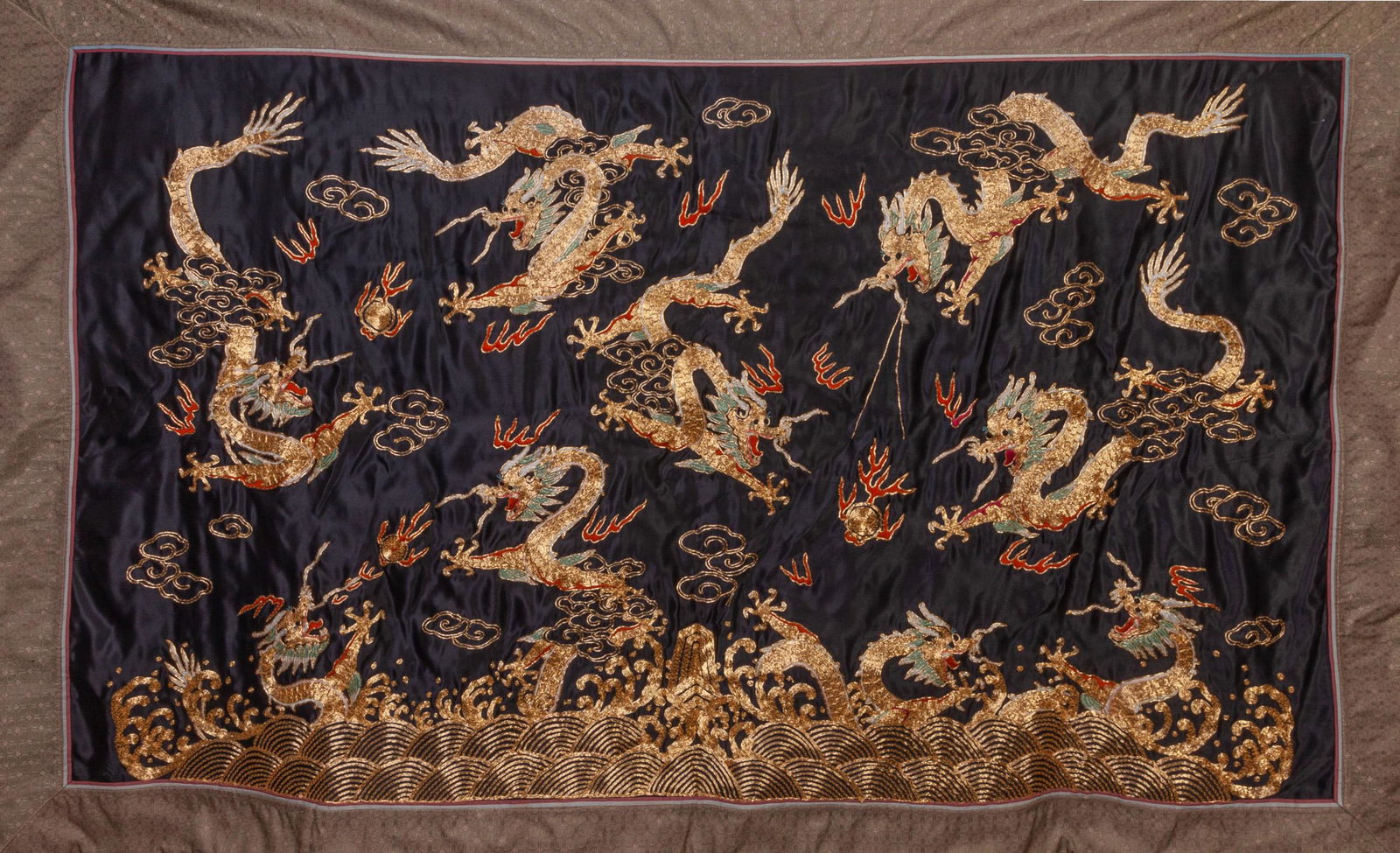 Large Chinese Embroidered Silver Dragon Panel (1 of 12)