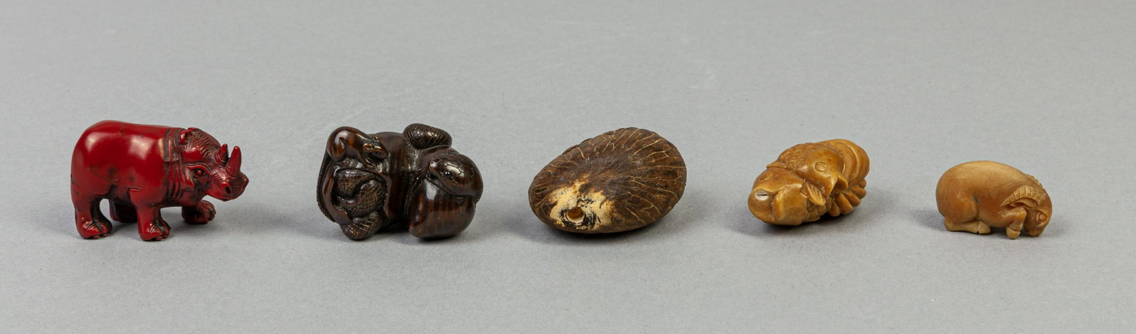 Collectible Japanese Taishou Type Carved Netsukes: Group of five Japanese Taishou type netsukes, carved as fish, rhino, snake and rat or sheep. 1.9*1.5*1inch.