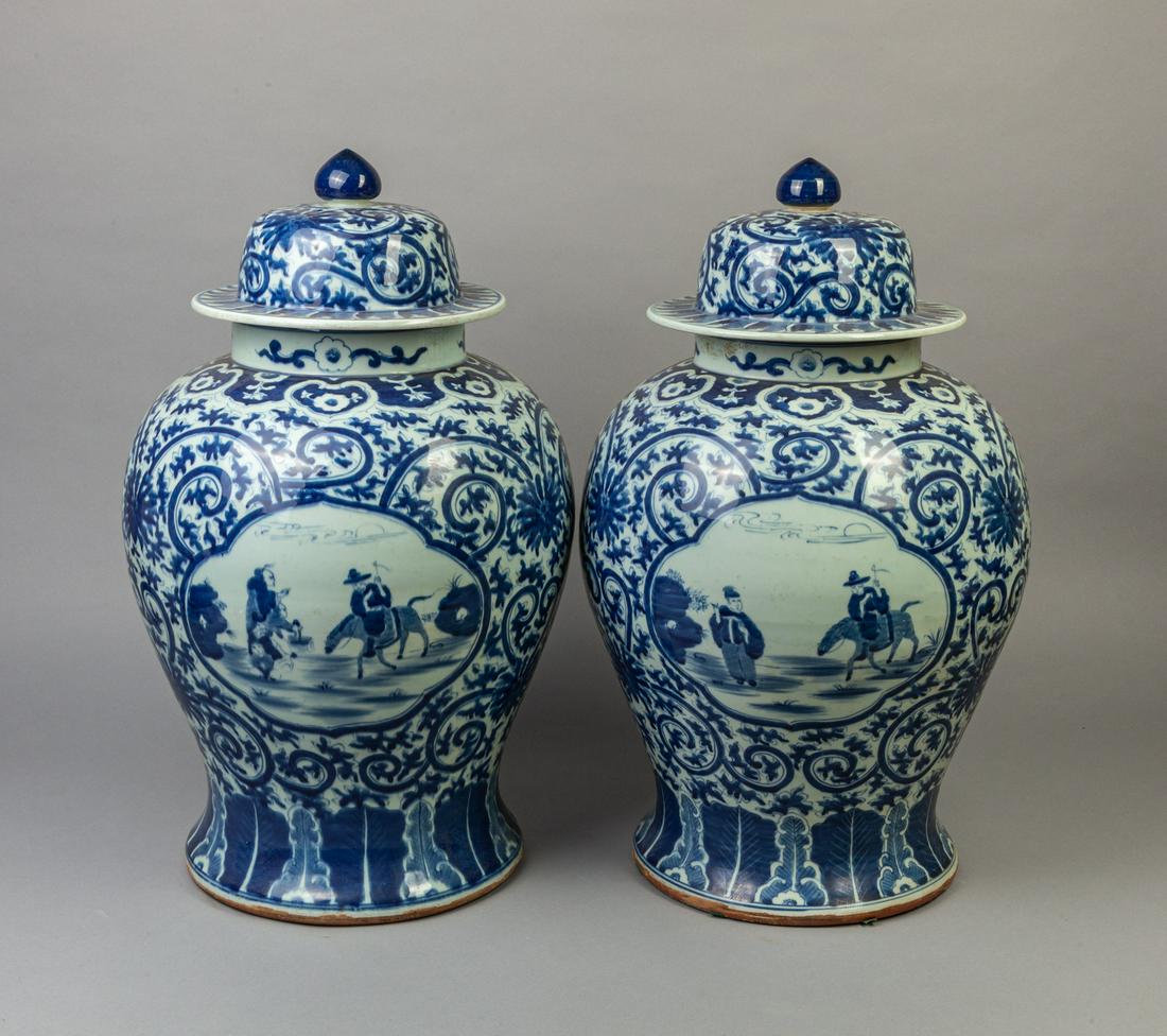 Pair Large Chinese Blue White Covered Jars (1 of 11)