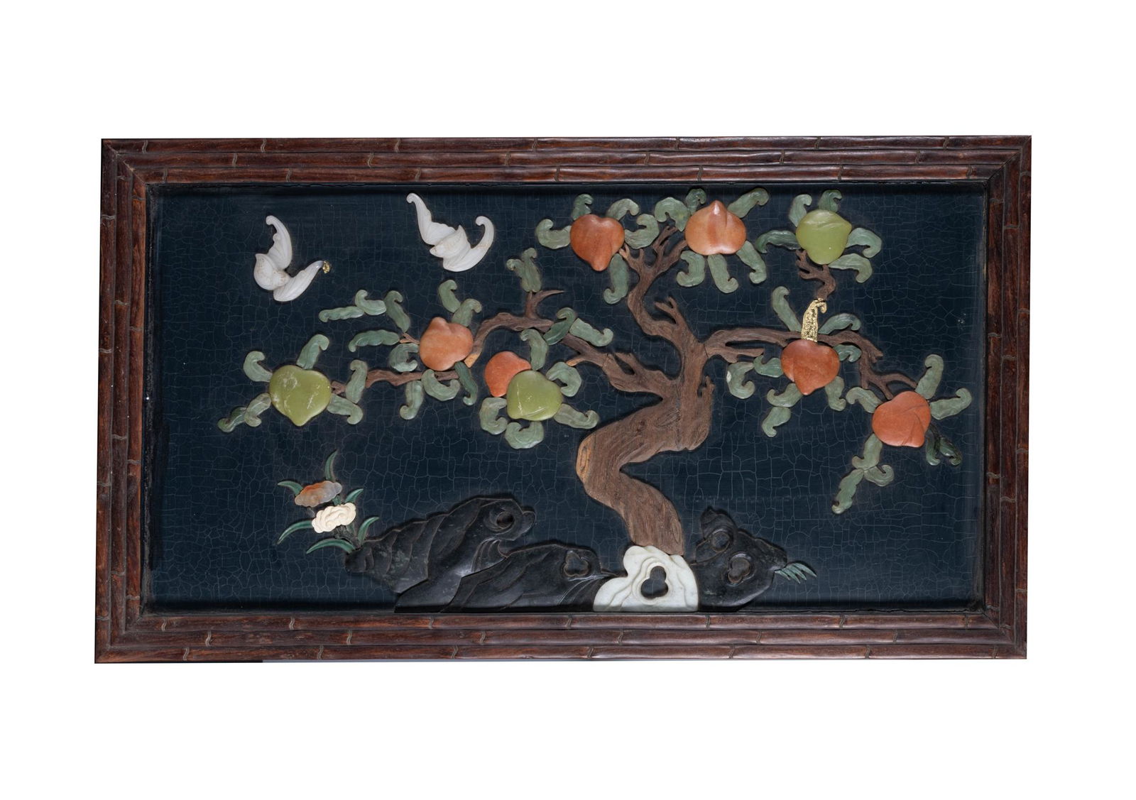 Chinese Wood Hanging Plaque Inlaid Jade & Stones (1 of 9)
