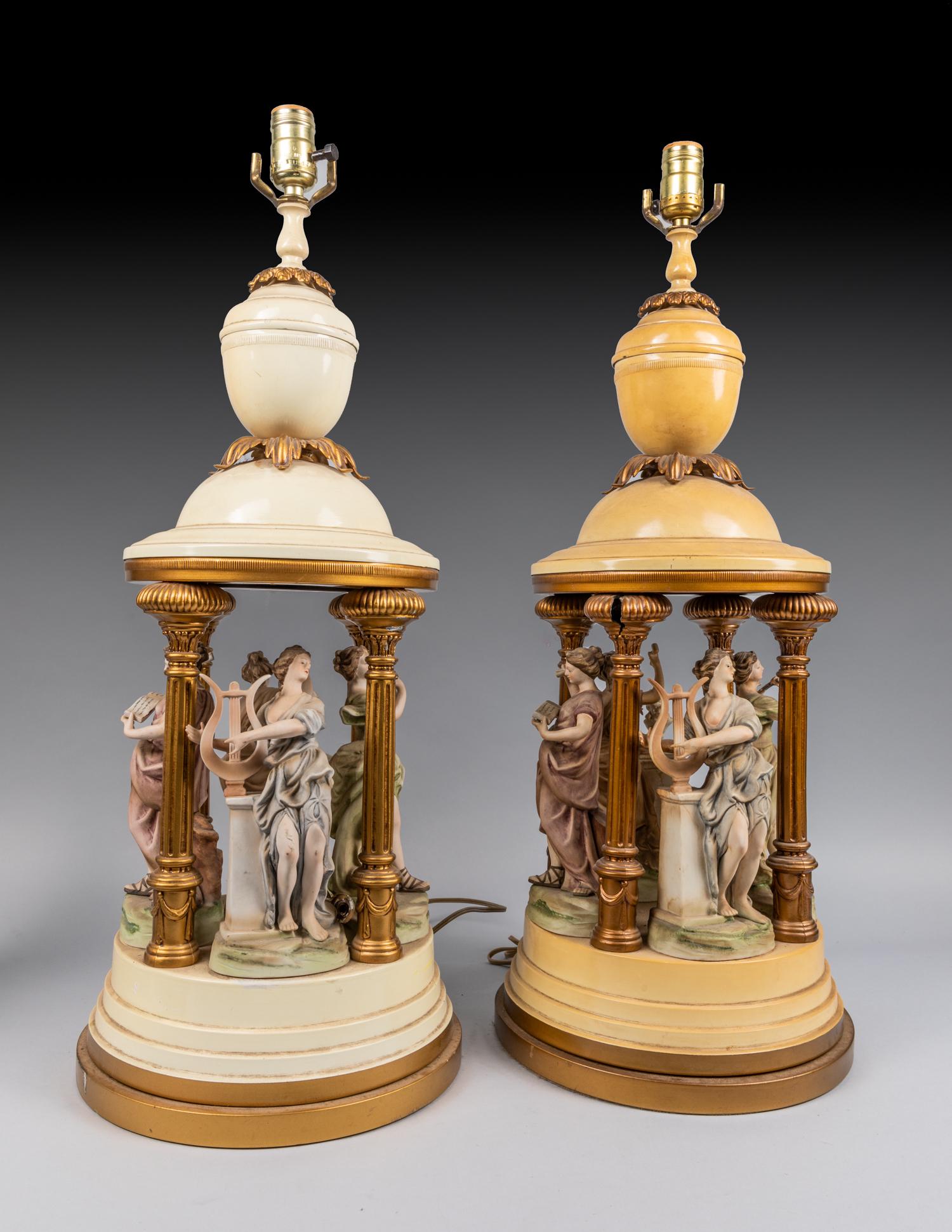 Repaired Pair Spelter Painted Style Table Boudoir Lamp (1 of 7)
