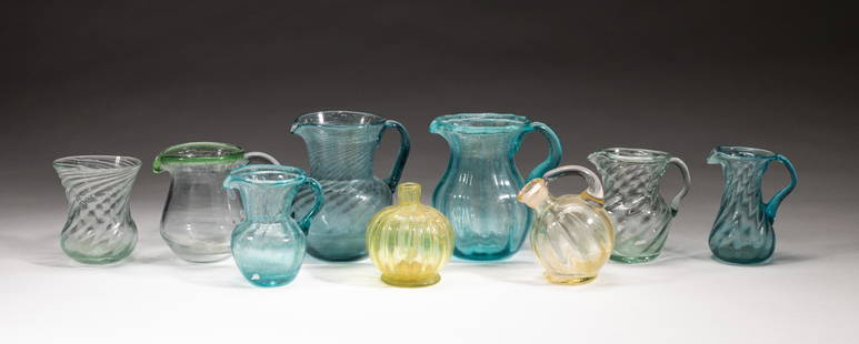 Group Old Roman Type Glass Wares: Including nine glass ware pieces of pitchers and jars, in color of blue, green, yellow and beige. 4.2*4inch largest. The Estate of the H. Lopez. Hollywood, CA, 2021.