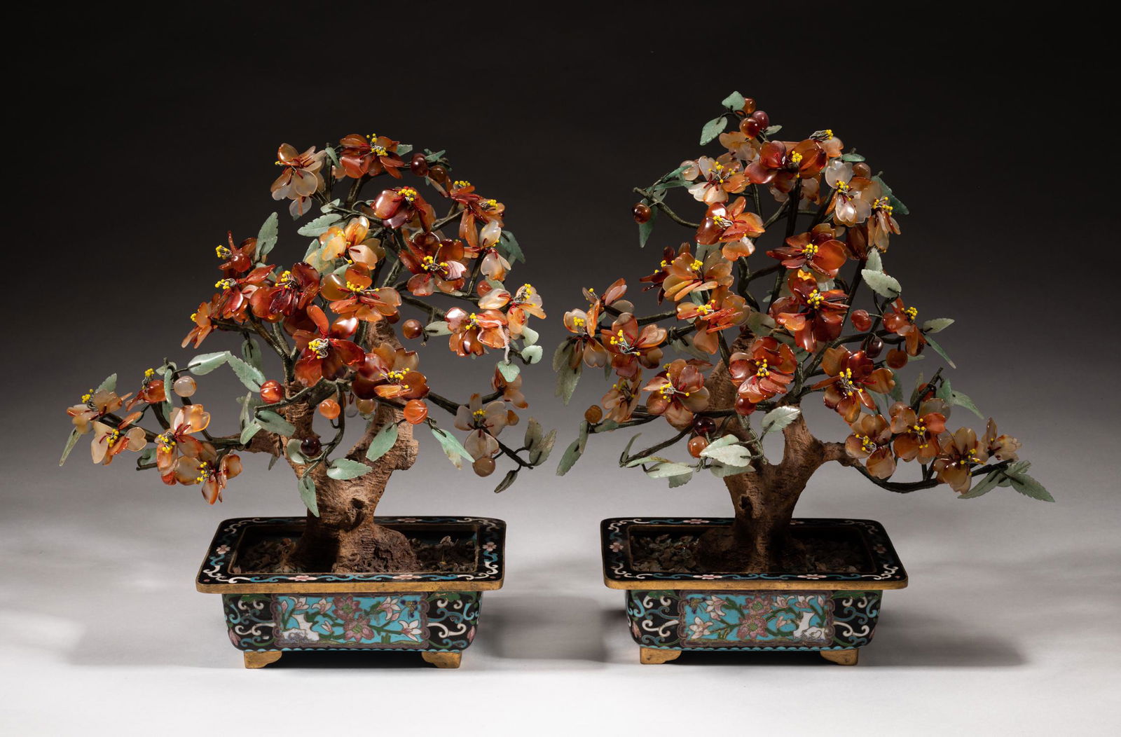 Pair Chinese Cloisonne Jade Agate Bonsais (1 of 11)