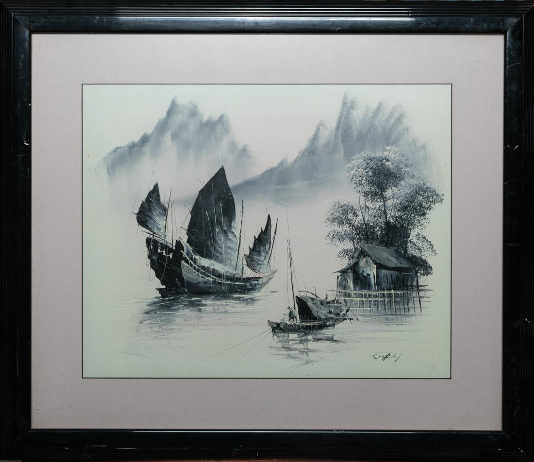 Chinese Oil Painting of Sailboat by Chen: Collectible framed oil painting of sailboats, wood house, trees and distant mountains, signed by Chen. Approximately 29*25inch.