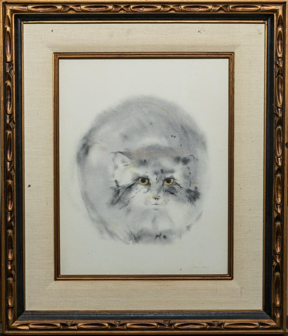 Signed Water Color Painting Cat: Framed and signed water color painting of a fat cat. Approximately 27*23inch.