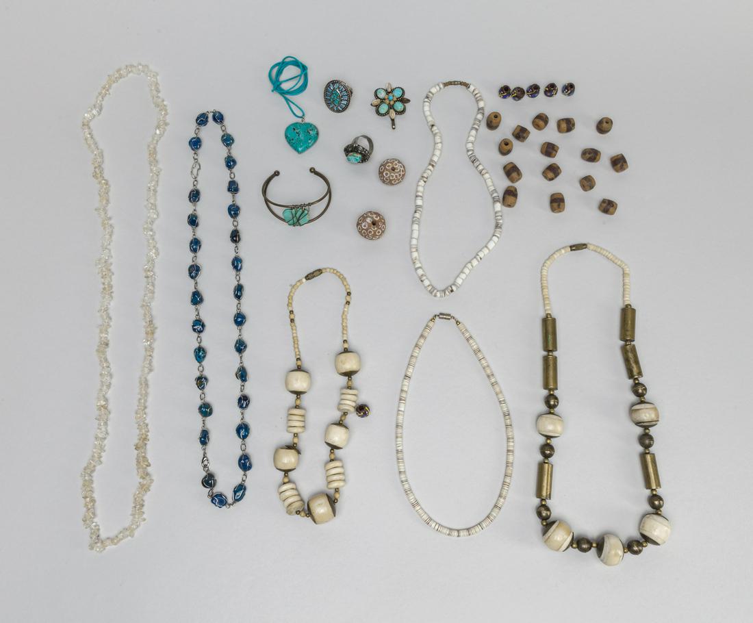Group Roman/Egypt Jewelries: Including necklaces, bangles, rings and Roman type beads, comprised of bone, turquoise, brass and gemstone. 34inch.