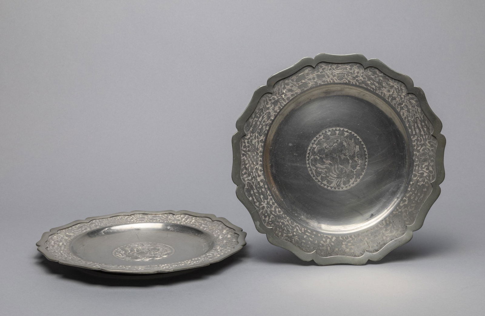 Pairs Chinese Old Pewter Dragon Plates (1 of 9)