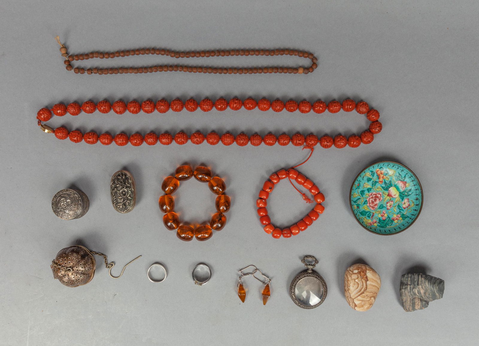 Estate of Chinese Cinnabar Necklace/Silver Color Pieces (1 of 11)