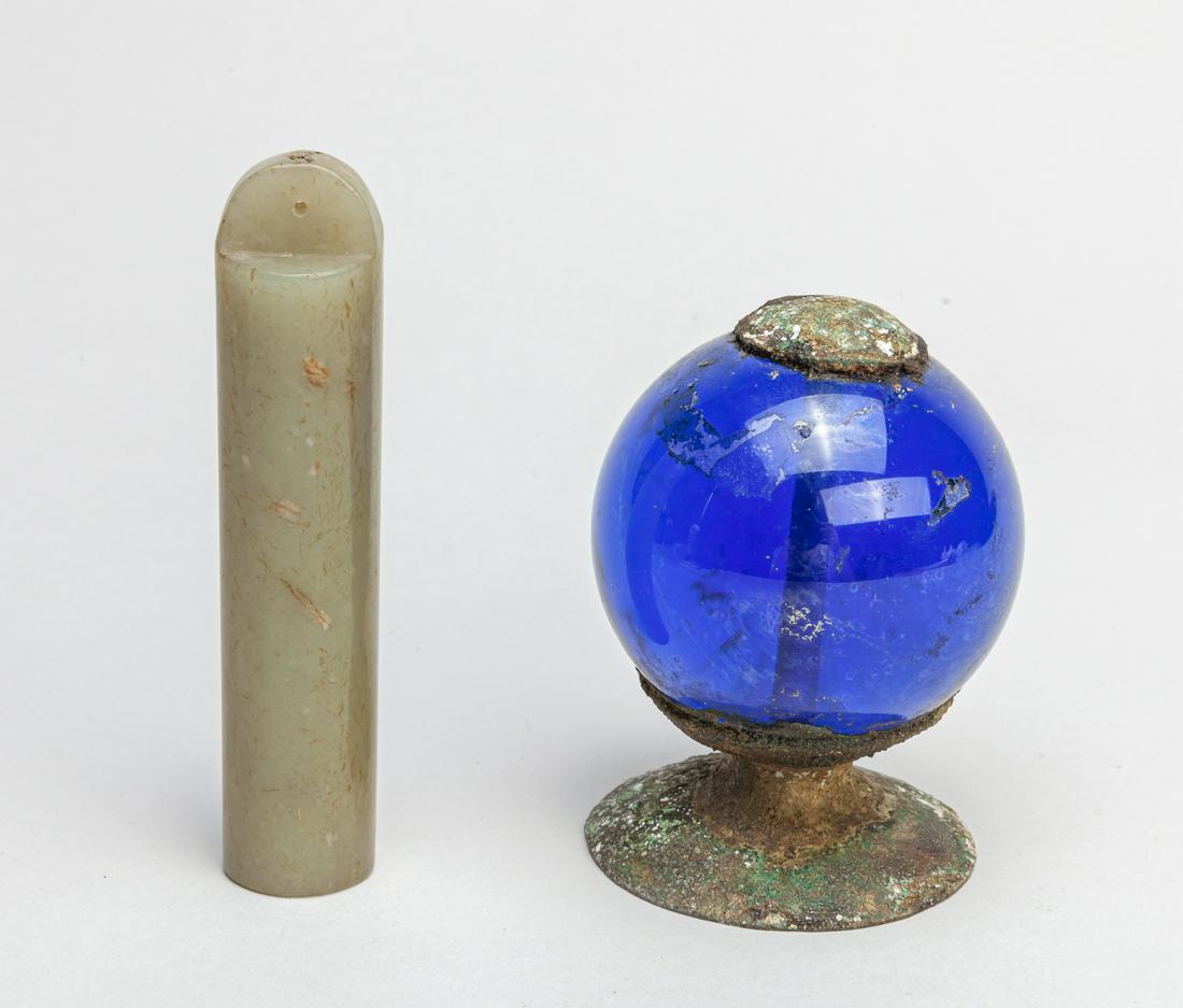 Chinese Jade/Glass Decors: Including a blue glass ball with rusted bronze base, and a tube-shaped jade pendant. 3*2.25inch (largest).