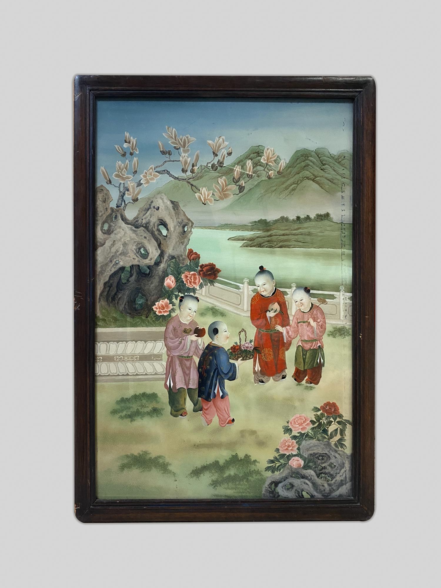 Chinese Reverse Painting with Wood Frame: Wall hanging framed painting, of children holding flowers, peach, lingzhi and case in a garden setting, with distant river and mountains. 29.2*20.6inch.