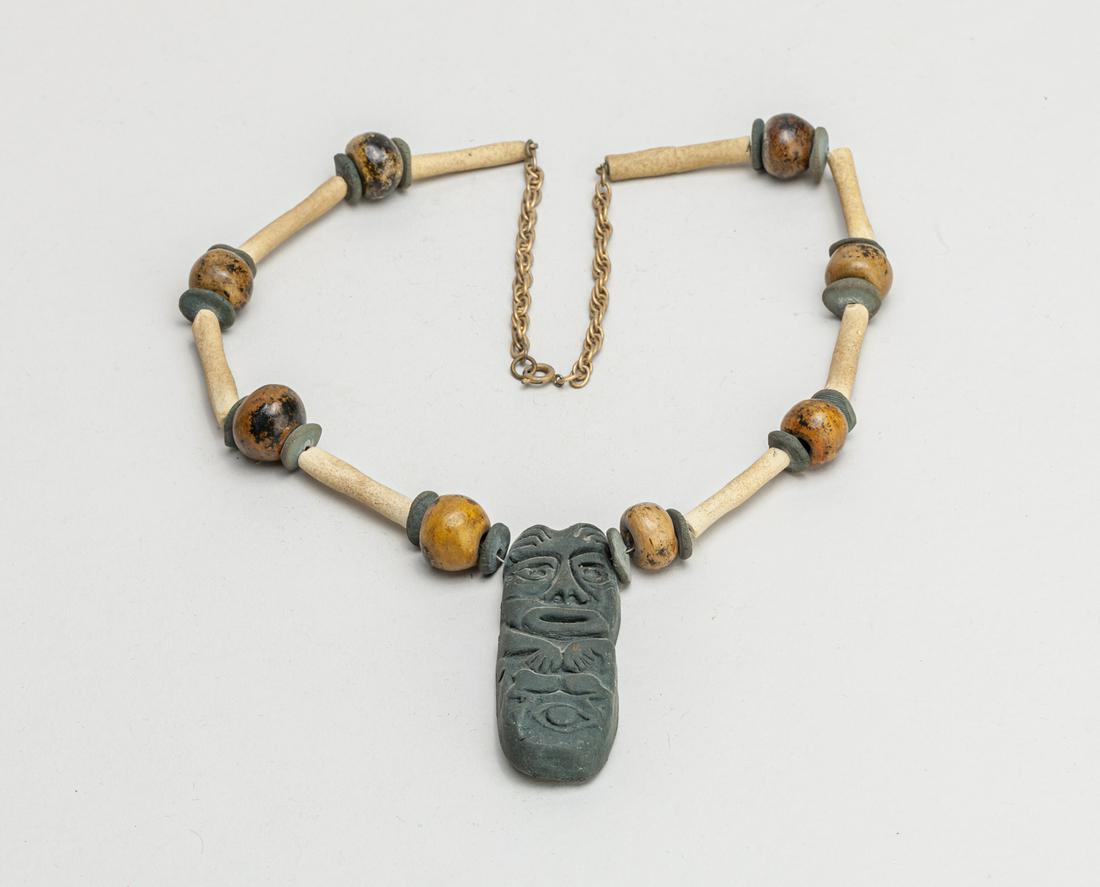 Old Maya Clay, Bone Necklace: Antique Maya type clay and stone necklace, with a clay pendant carved in abstract figure form. 22inch L.
