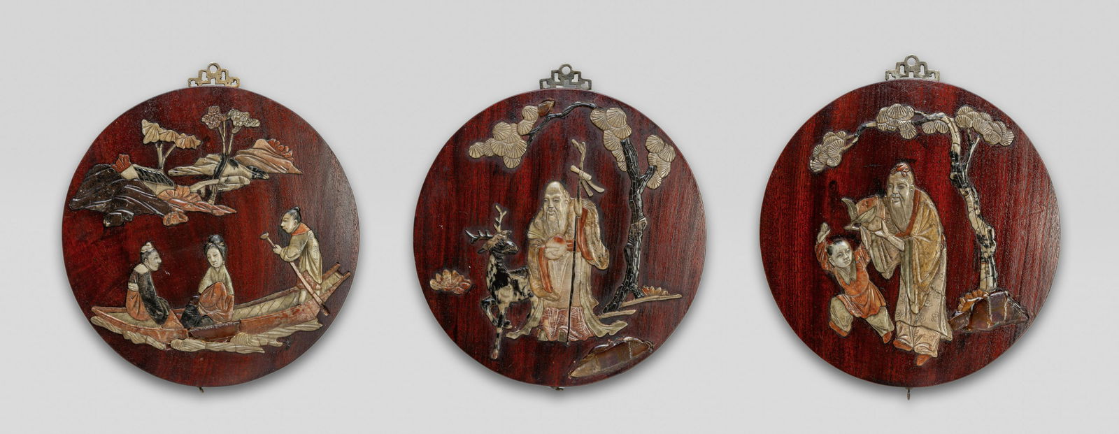 Antique Chinese Wood Plaque Inlaid Jade Stone (1 of 13)