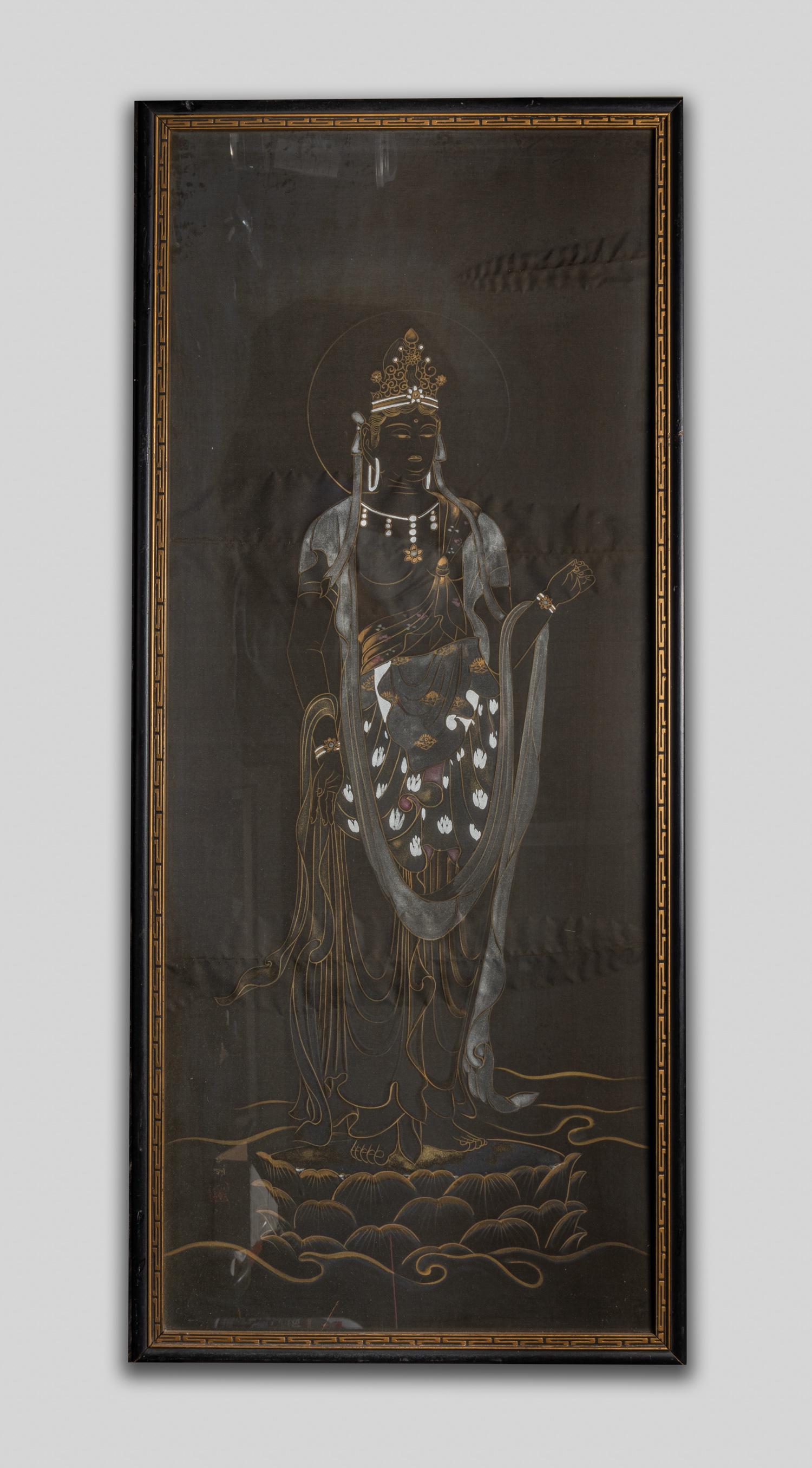 Fine Chinese Painting of Buddha: Antique framed painting of buddha standing on a lotus base with overlapping petals, wearing a long and flowing robe opening at the chest to reveal a beaded necklace, surmounted with an elaborate crone