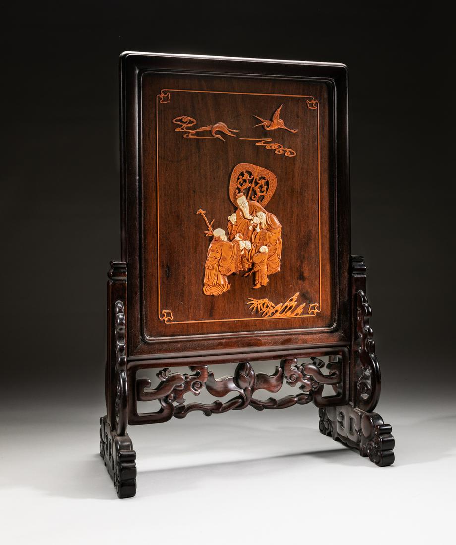 Vintage Chinese Table Screen Inlaid Boxwood & Bone: Rectangular finely-carved wood table screen, carved with a detailed scene of males and children, wherein shoulao holding a stick and a peach, ground with a large fan, cranes and clouds, with boxwood a