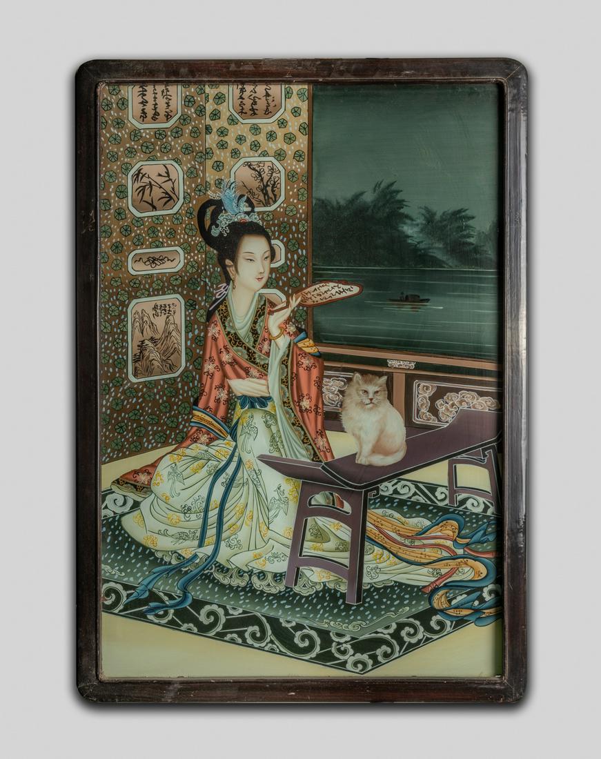 Old Chinese Reserve Painting of Lady: Collectible wall hanging painting of a Chinese ancient lady seated near window with a cat on stand, wood framed. 27.7inch H, 19.2inch W (w/ frame).