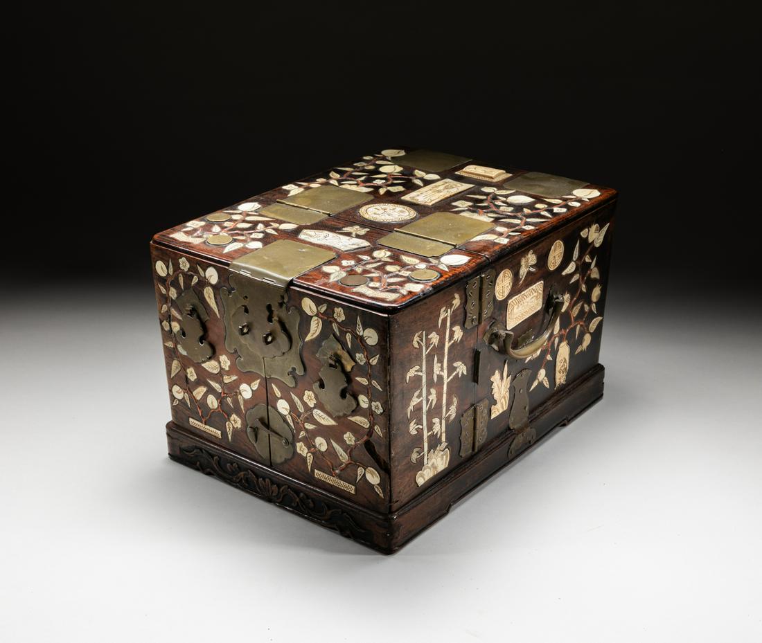 Important Chinese Huanghuali Like Box Inlaid Bone: Rare huanghuali like wood and brass box, with a pair of hand-ring handles, the exterior decorated with scene of peach tree, shoulao, buddha hand, and panels of landscape, or scene of shou characters, 