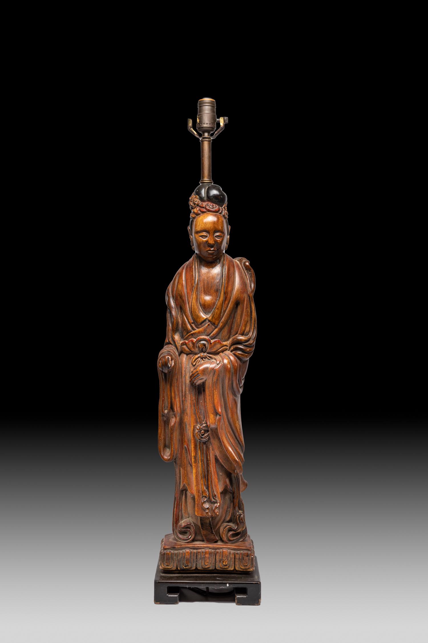 Chinese Ming Type Wood Kuanyin Lamp: Finally-carved wood guanyin type lamp, standing figure wearing a long, flowing robe, with left hand resting on belly and eight hand clenching fist, the meditative face surmounted by tall chignon with 