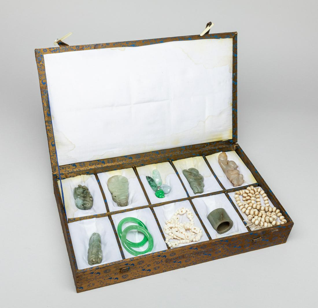 Estate Chinese Jade & Bone Like Jewelries: A large group of bone like necklaces and jadeite/stone, jade carvings, worked with gourd, beast, bat, figure, lotus seedpod, or carved as bangle or thumb ring, with box. 28inch L (largest w/o box).