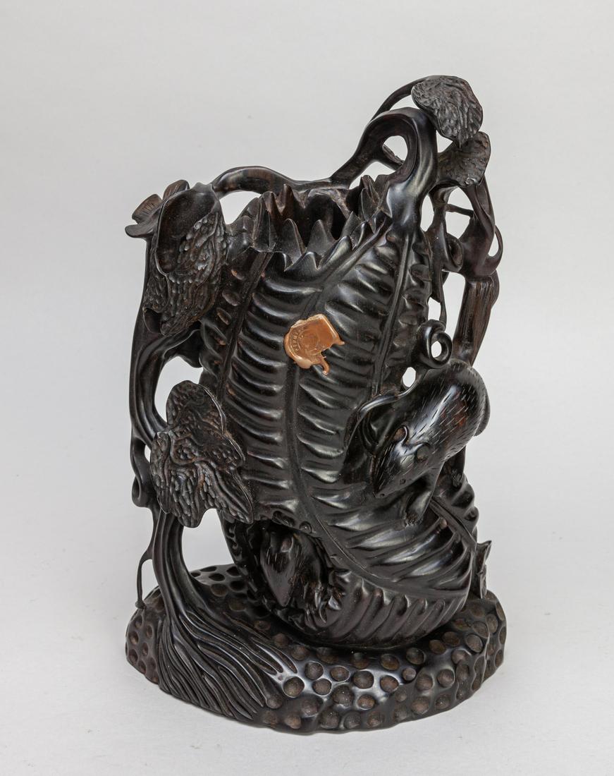 Large Chinese Carved Wood Brush Pot: Carved as a fruit borne on curly stems issuing flowers and leaves, with two rats on it. 11inch H, 7.3inch L, 3.7inch W.