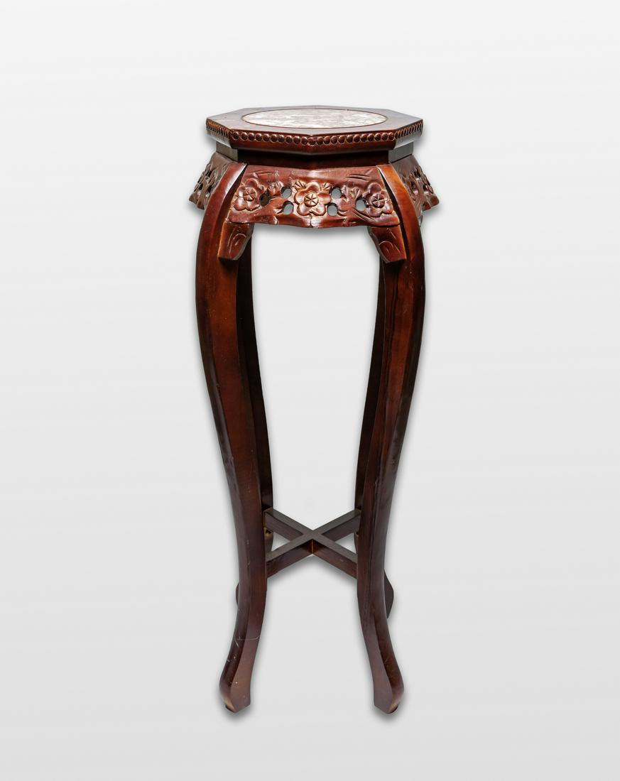 Tall Chinese Wood & Marble Flower Stand (1 of 10)