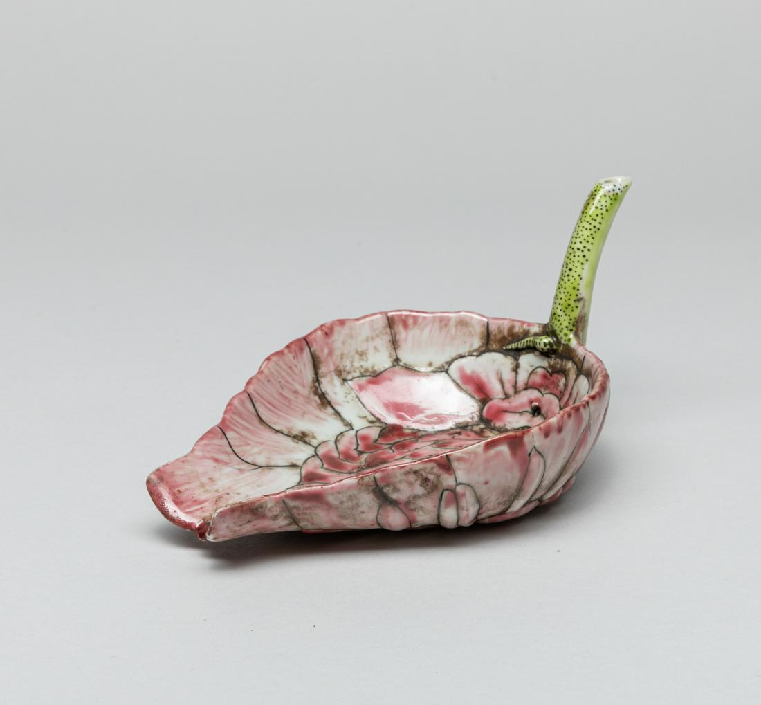 Chinese Famille Rose Porcelain Washer: Worked in form of blooming lotus borne on a upright stem as handle, the petals glazed in white transmitting into pink, the handle inscribed with related passages. 3.4inch H, 6.6inch L, 4.3inch W.