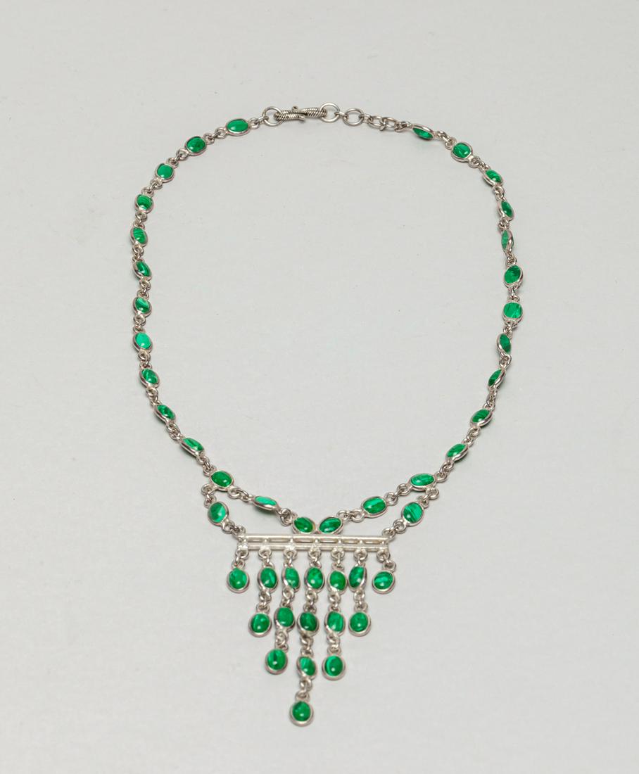 Collectible Indian Silver & Malachite Necklace: Vintage Indian type sterling silver and malachite stone necklace, malachite is a copper carbonate hydroxide mineral, opaque and green-banded. 18 inch L.