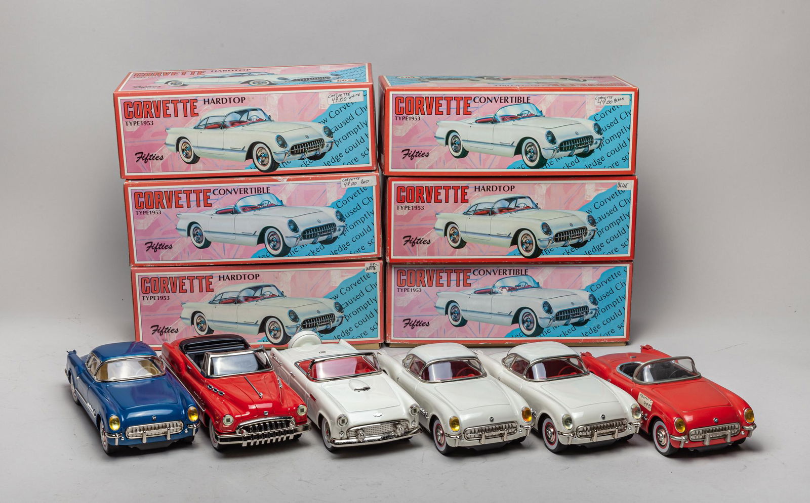 Corvette Convertible Type 1953 Toy Cars: Set of six Japanese Vintage type 1953 Corvette toy cars, including three convertibles and three with hard top, painted in white, blue or red, with paper boxes. 12.5inch L, 5inch W, 4.5inch H (box size