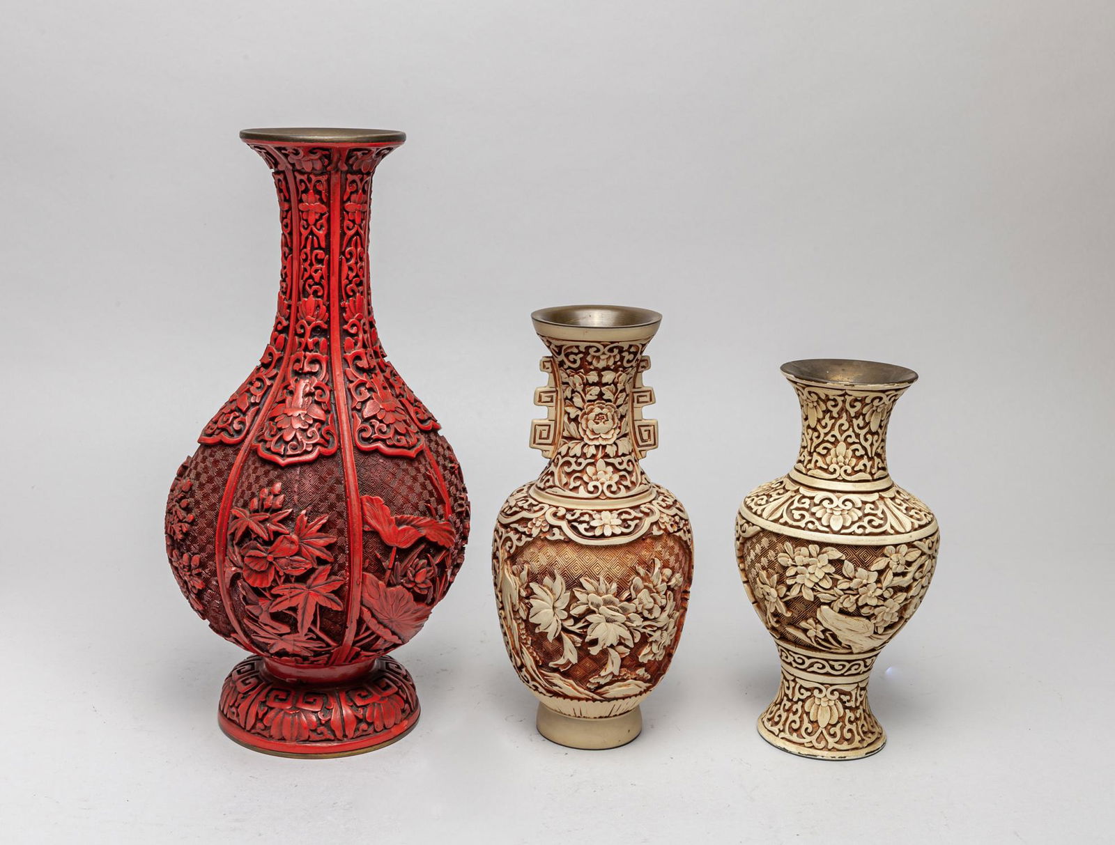 Estate Chinese Cinnabar Like on Brass Vases (1 of 18)