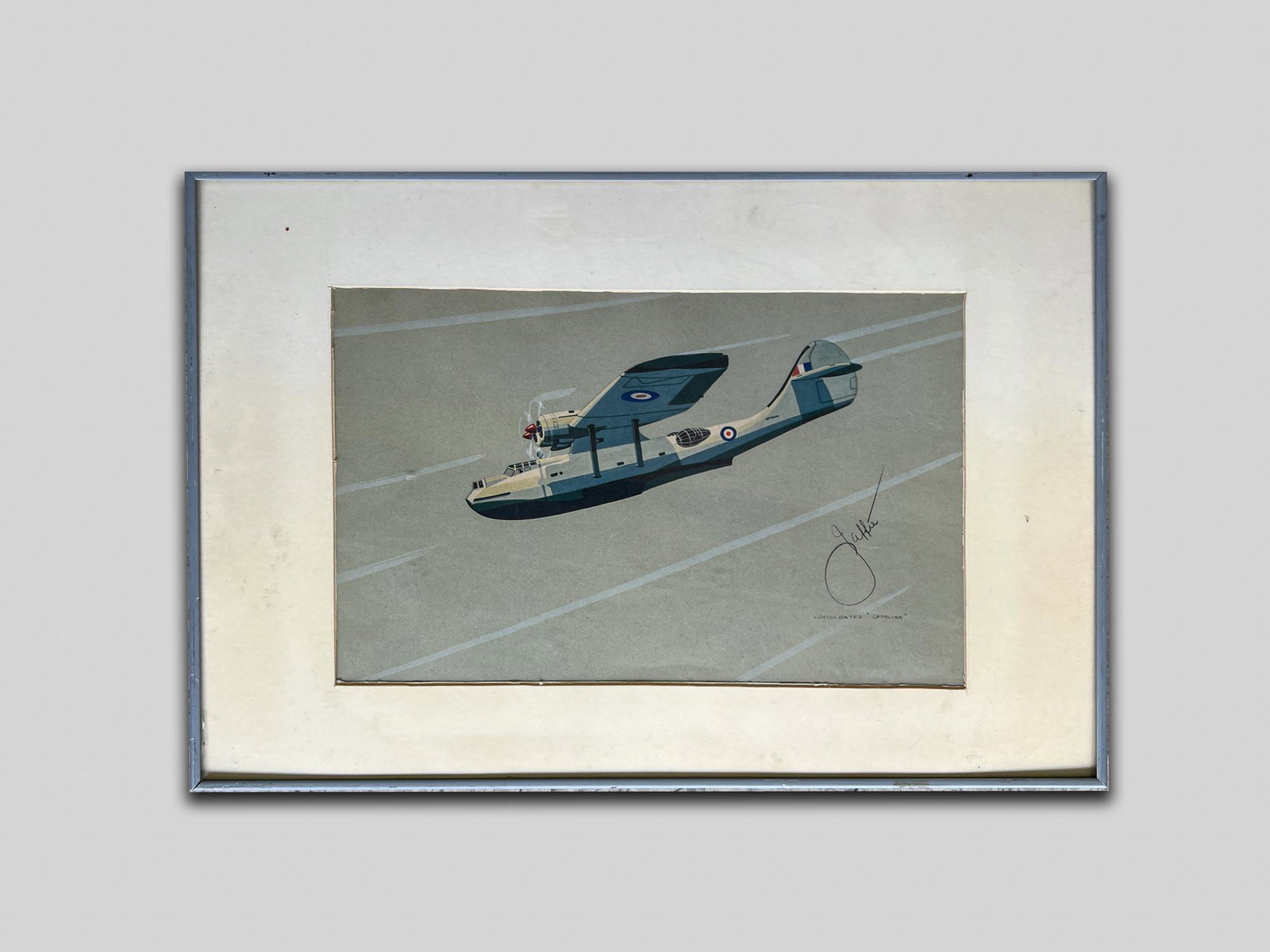 Signed Poster Consolioated Catalina: Rare framed poster of a plane, singed and marked Consolidated Catalina. 16.15inch H, 23.5inch W (w/ frame).