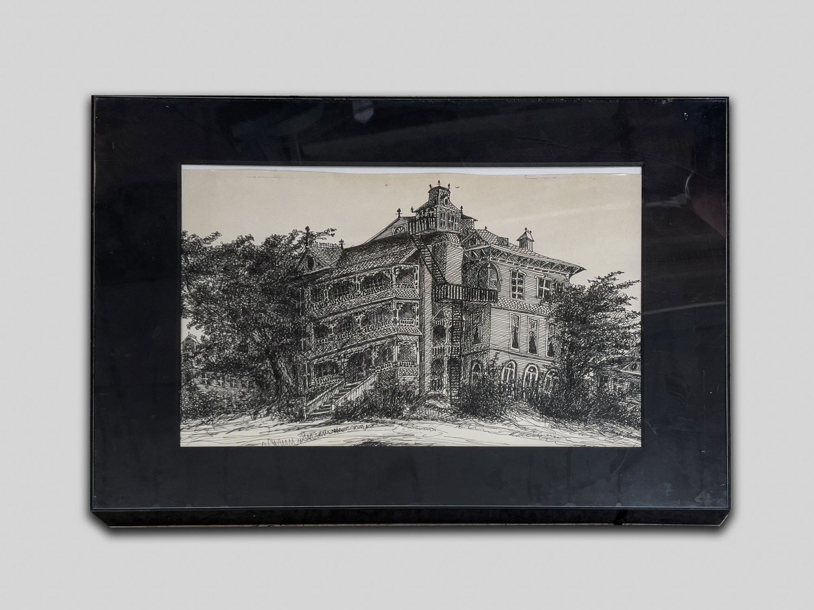 Framed Modern Art Painting, Signed: Collectible framed Modern Art style sketch painting of a house, signed. 23inch L, 19.75inch W (w/ frame).