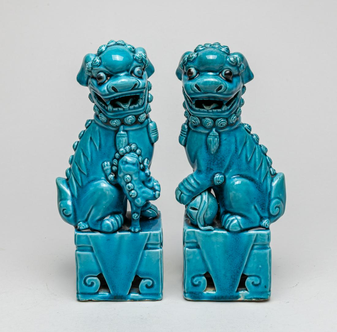 Pair Chinese Turquoise Glazed Porcelain Foo Dogs (1 of 12)