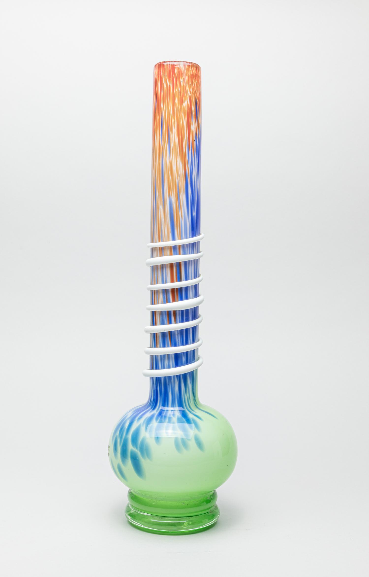 Designed Art Glass Decor Vase: Decorative art glass vase, of compressed globular form with a tall slender neck setting with white raised spiral line. 18.9inch H, 5.2inch D.