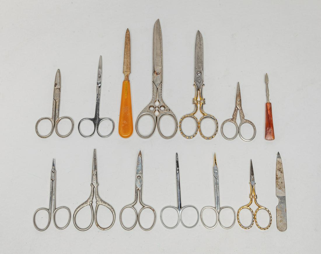 Group of Vintage Scissors: Collection of vintage style scissors and nail care tools. 6.6inch L, 2inch W (largest).