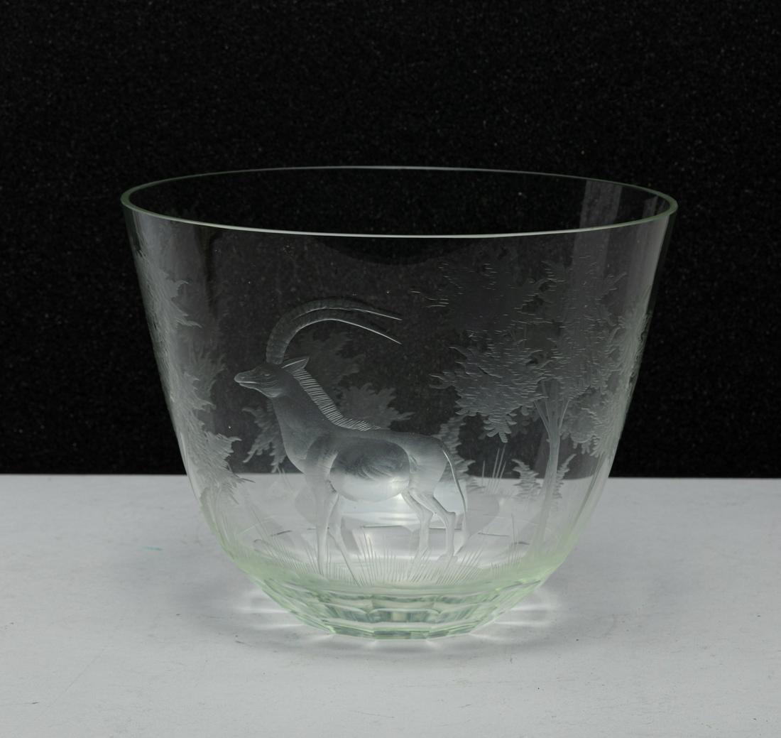 Rare Carved Crystal Glass Ice Pot: The tall rounded sides carved in low relief around the exterior with a deer with large antlers amid trees. 6.5inch H, 8.4inch D.