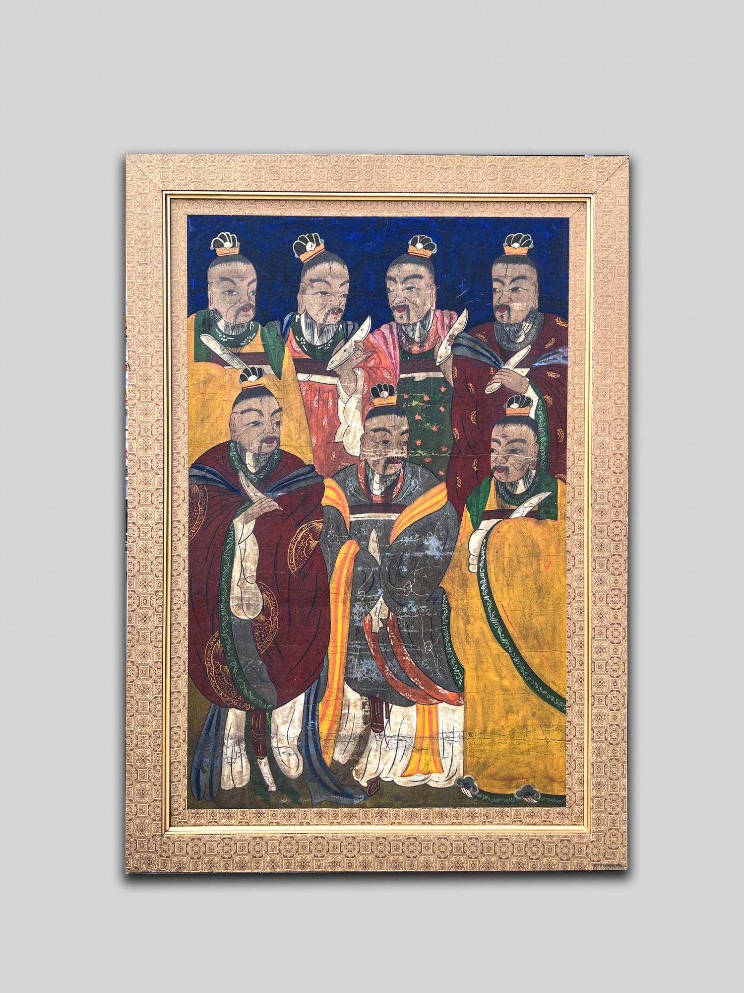 Old Chinese Water Color Painting: Collectible framed Chinese water color paining of seven ancient figures, all dressed in long, flowing robes. 35.75inch H, 25inch W (w/ frame).