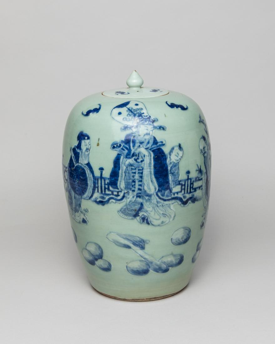 Antique Chinese Blue White Porcelain Jar: The tall ovoid body painted with three Chinese religious immortals, Fu, Lu and Shou, and a child in an outdoor setting with a pair of bats, the cover with three bats, all in cobalt blue on a soft sea-
