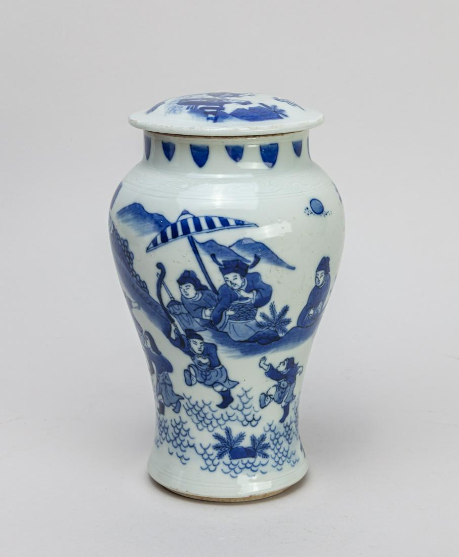 Chinese Blue & White Porcelain Tea Jar: The baluster body painted with a continuous of training figures amid rocker and clouds, the cover with a figures resting in outdoor setting. 7.5inch H, 4.4inch D.