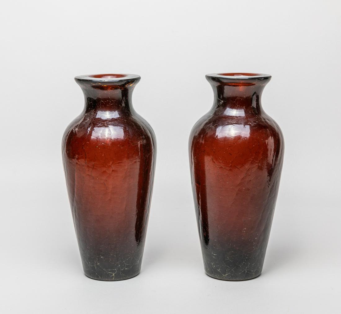 Pair Chinese Peiking Glass Cabinet Vase: Either moulded in baluster from rising to a waisted neck and a flat rim, the peiking glass in dark red tone suffused with a matrix of crackles. 10.1inch H, 4.7inch D (each). The Estate of Steven J. Tr