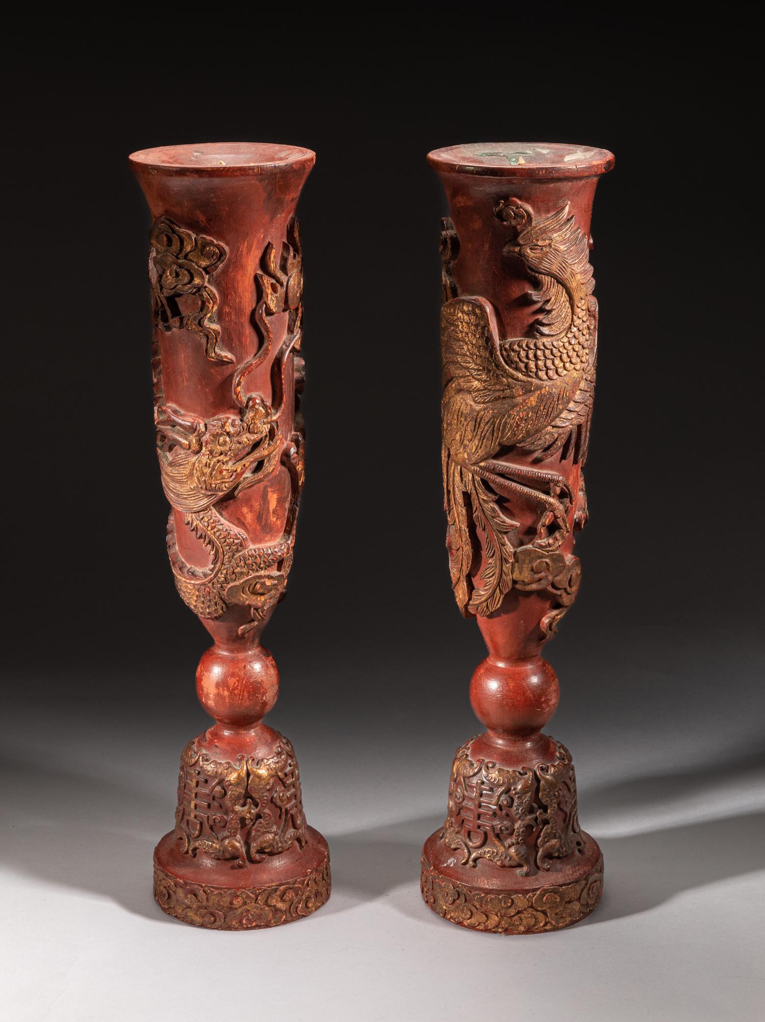 Pair Tall Chinese Painted Wood Candle Sticks (1 of 15)